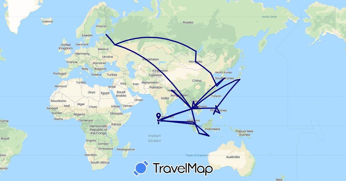 TravelMap itinerary: driving in China, Indonesia, Japan, South Korea, Laos, Sri Lanka, Mongolia, Maldives, Malaysia, Nepal, Philippines, Russia, Singapore, Thailand (Asia, Europe)